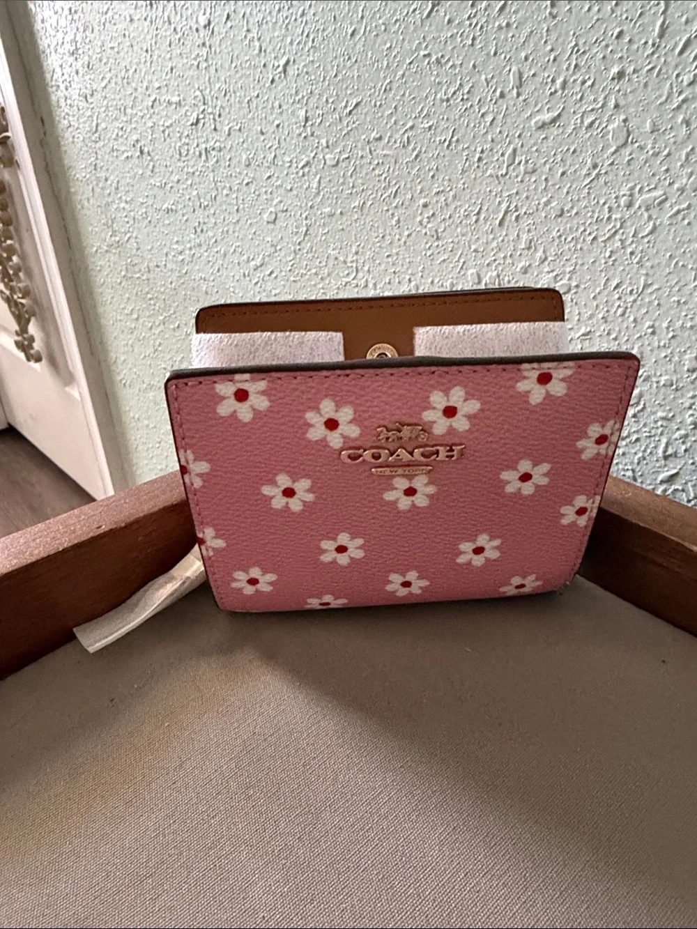 Coach Pink Floral Compact Wallet with Gold Logo
